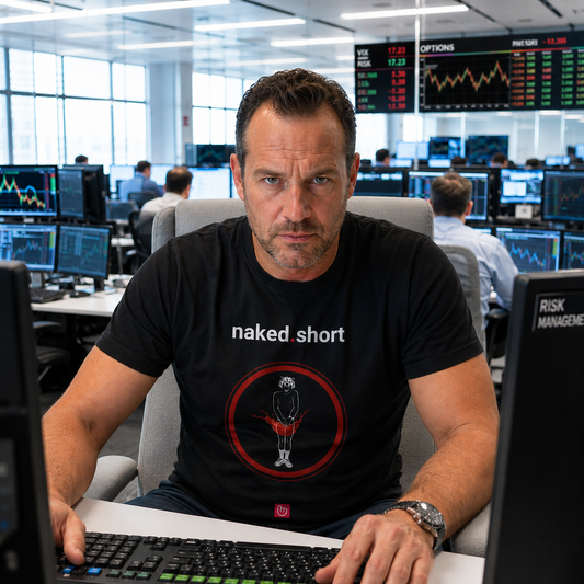 42-year-old institutional options trader wearing a black naked.short nano.narrative tee in a bright professional trading floor, staring intensely at the camera while seated in a light gray chair surrounded by market screens and trading terminals.