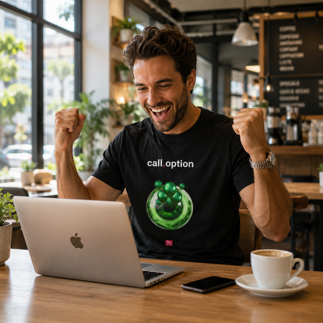Young American options trader in his early 30s celebrating with clenched fists inside a bright modern café while working on a silver Apple laptop. He wears a black nano.narrative “call.option” graphic tee featuring a glowing green eye and floating balloons design, with natural fabric folds and centered print proportions. Warm daylight pours through large café windows, creating a clean energetic trading-win atmosphere.