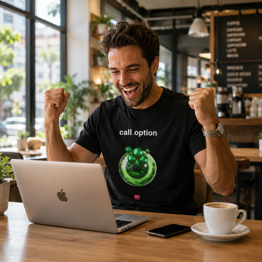 Young American options trader in his early 30s celebrating with clenched fists inside a bright modern café while working on a silver Apple laptop. He wears a black nano.narrative “call.option” graphic tee featuring a glowing green eye and floating balloons design, with natural fabric folds and centered print proportions. Warm daylight pours through large café windows, creating a clean energetic trading-win atmosphere.