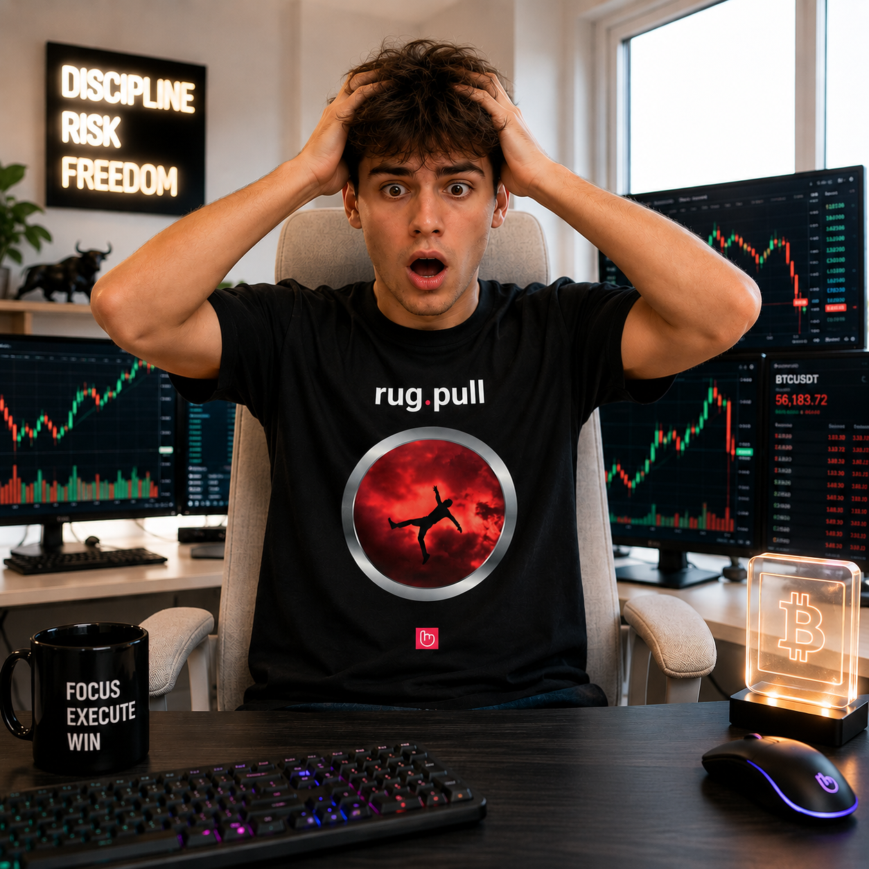 Young crypto trader in a bright modern home trading room holding his head in shock while wearing a black rug.pull nano.narrative tee, seated on a light gray chair with red market charts glowing behind him