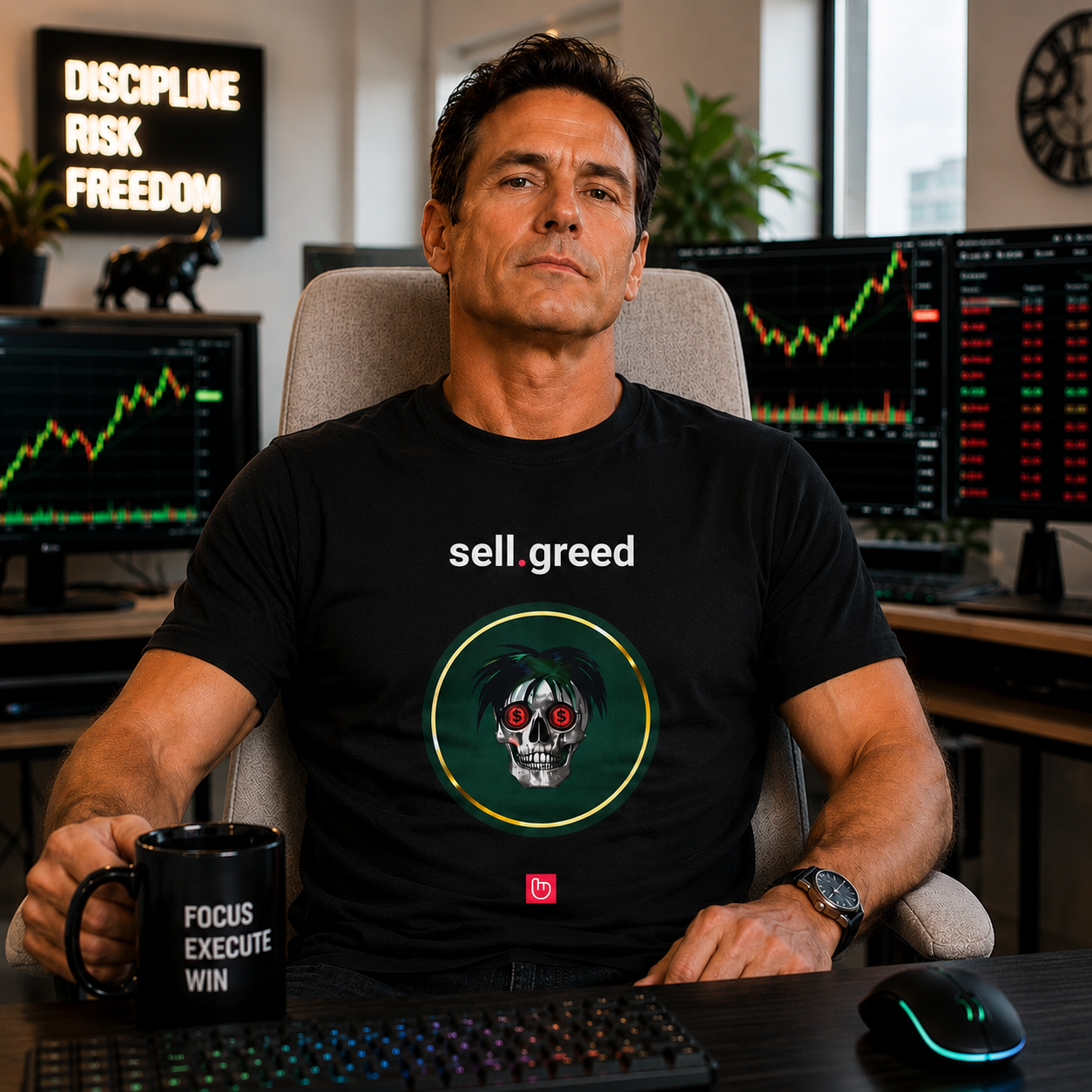 Experienced 47-year-old trader sitting confidently in a bright modern home trading office with a light gray chair and soft depth-of-field background. Wearing a black “sell.greed” nano.narrative tee featuring a skull with dollar-sign eyes inside a green circular frame. The design is slightly enlarged and positioned lower for balanced proportions, while subtle backlighting separates the shirt from the blurred trading setup behind him.