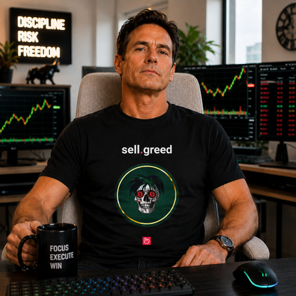 Experienced 47-year-old trader sitting confidently in a bright modern home trading office with a light gray chair and soft depth-of-field background. Wearing a black “sell.greed” nano.narrative tee featuring a skull with dollar-sign eyes inside a green circular frame. The design is slightly enlarged and positioned lower for balanced proportions, while subtle backlighting separates the shirt from the blurred trading setup behind him.