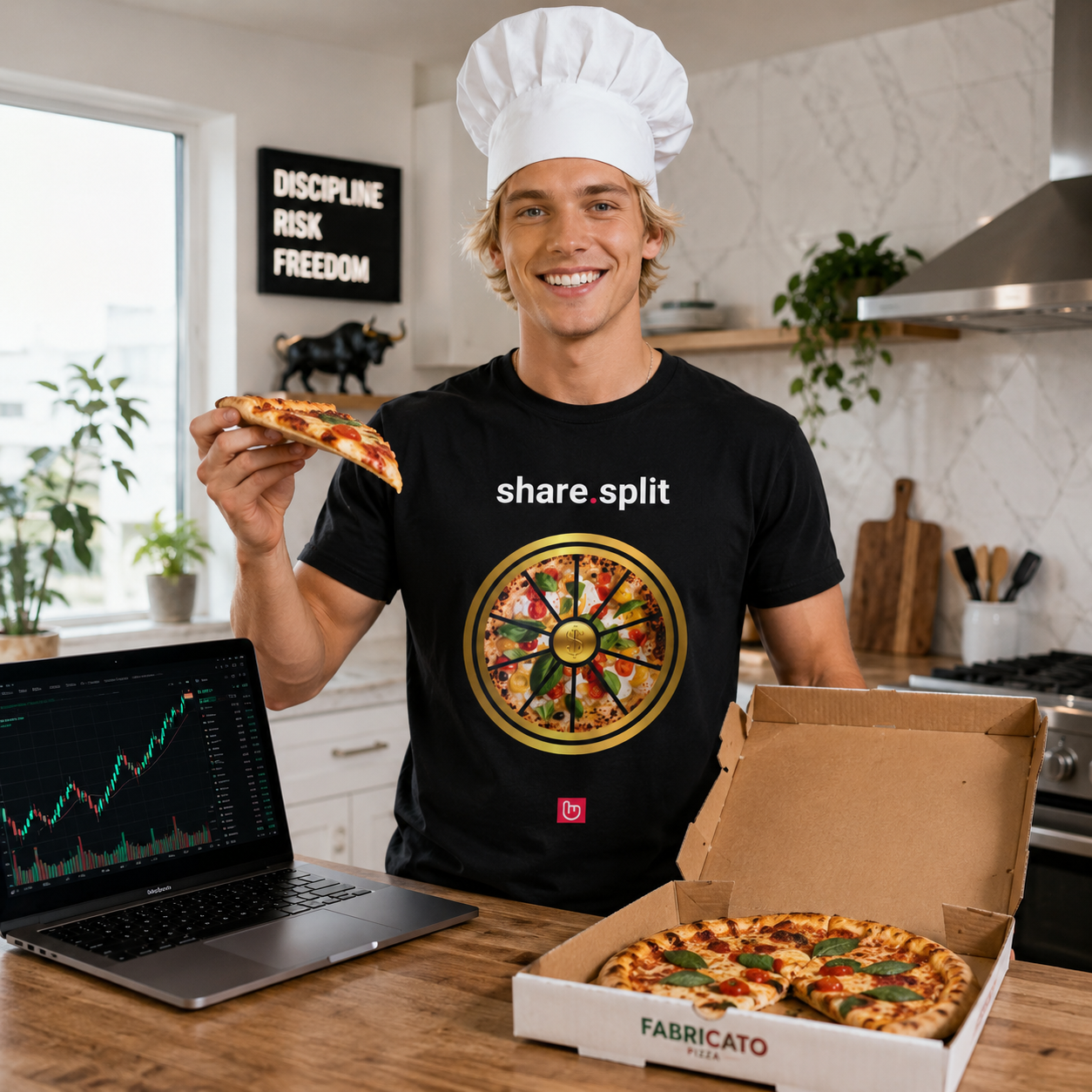 Blond 26-year-old trader wearing a black “share.split” nano.narrative tee while standing in a bright modern kitchen with a chef hat and lively expression. He holds a slice of pizza from an open Fabricato pizza box while an open Apple laptop beside him displays a strong green stock chart rally. The shirt graphic is accurately centered and proportioned with realistic lighting and natural fabric folds.