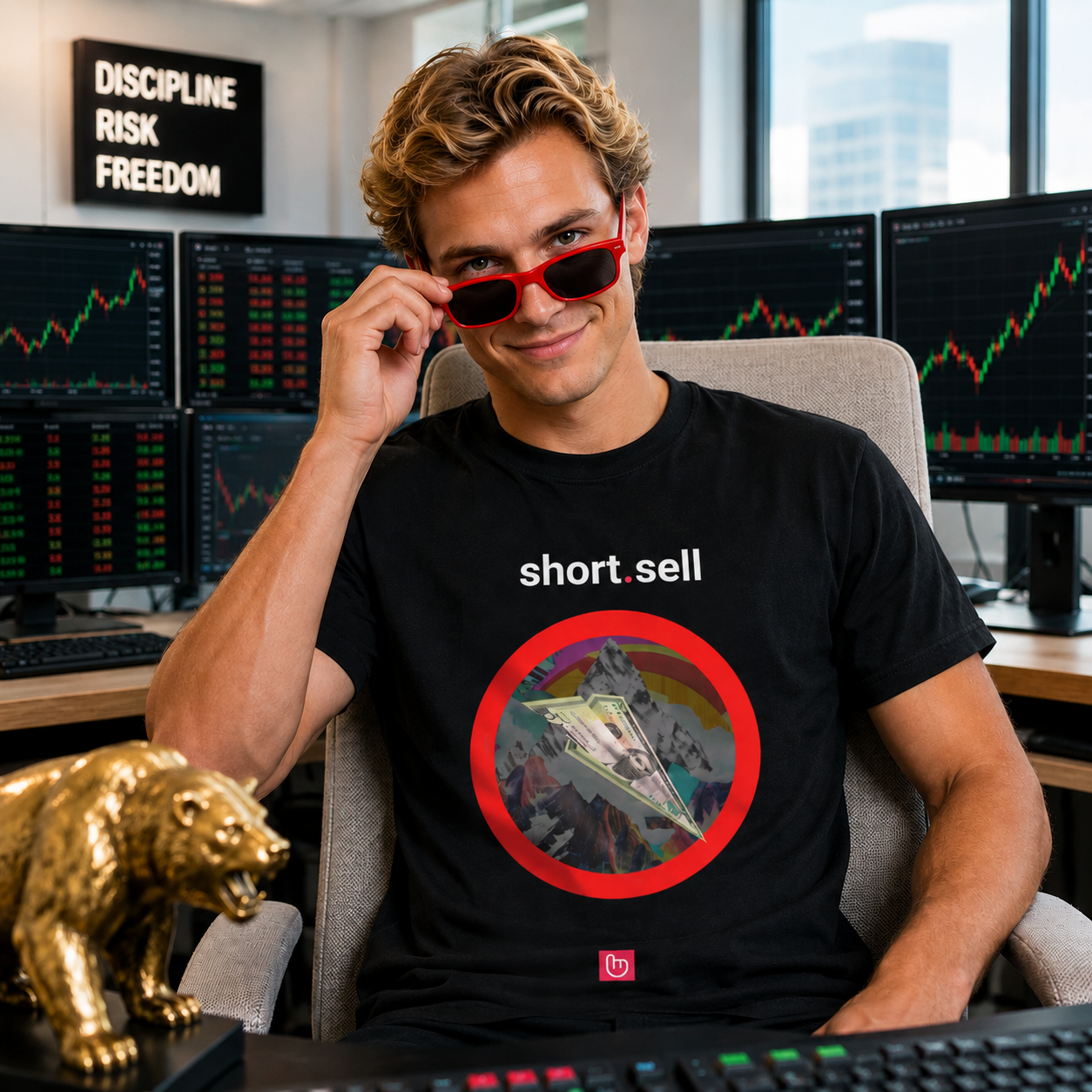 Blond short seller trader wearing a black short.sell nano.narrative tee in a bright trading room, adjusting red sunglasses with a knowing smile beside a golden bear statue and multiple market charts.