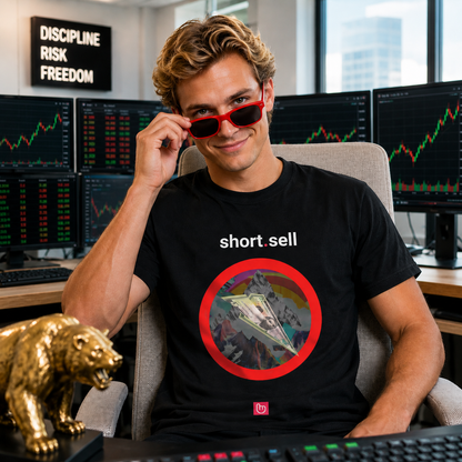 Blond short seller trader wearing a black short.sell nano.narrative tee in a bright trading room, adjusting red sunglasses with a knowing smile beside a golden bear statue and multiple market charts.