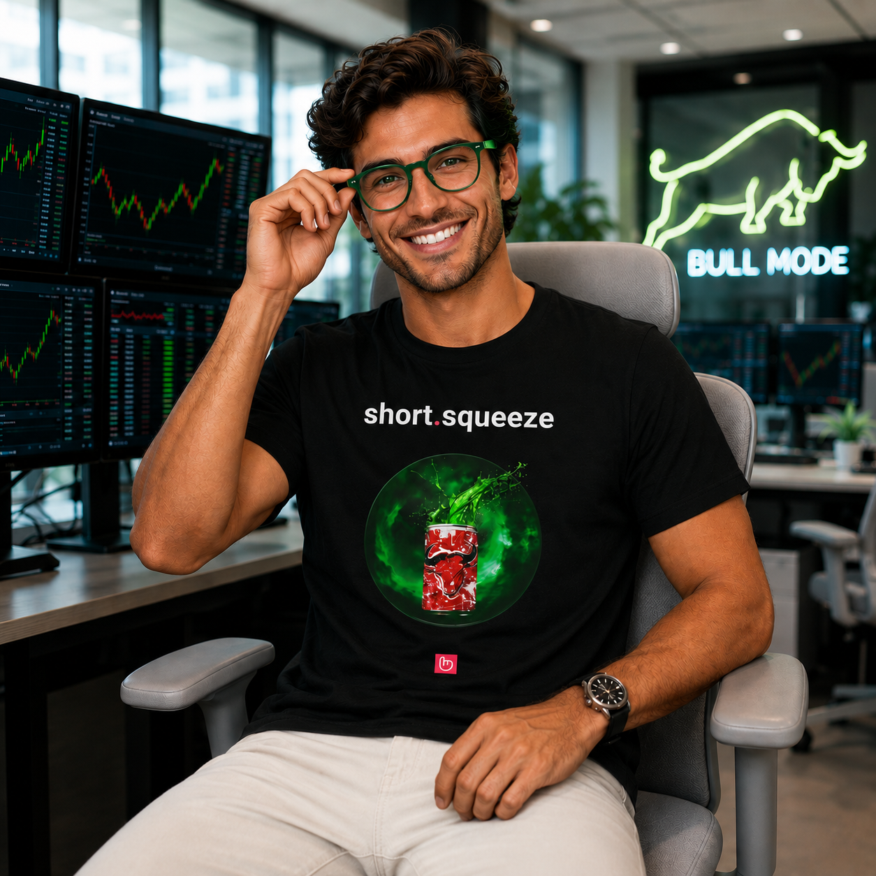Smiling trader wearing a black short.squeeze nano.narrative tee with green-framed glasses in a bright institutional trading office, seated on a light gray chair with bullish charts glowing behind him.