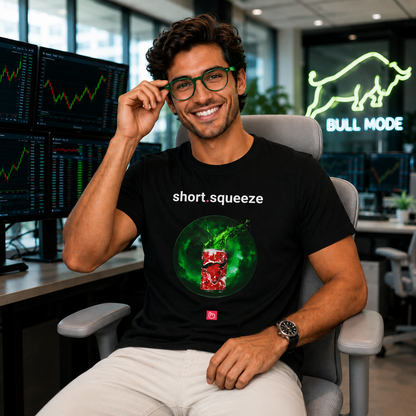Smiling trader wearing a black short.squeeze nano.narrative tee with green-framed glasses in a bright institutional trading office, seated on a light gray chair with bullish charts glowing behind him.
