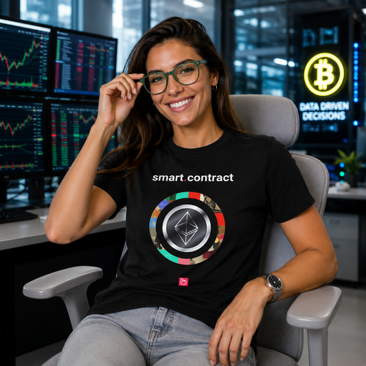Smiling crypto trader wearing a black smart.contract nano.narrative tee and stylish green glasses in a bright institutional trading room with glowing data-center energy and a light gray chair.