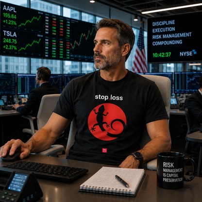 Experienced stock trader seated in a modern institutional trading floor wearing a black stop.loss nano.narrative tee featuring a red gecko symbol with detached tail inside a crimson circle. The trader sits in a light gray office chair surrounded by live stock charts and market monitors, reflecting disciplined risk management and calm under pressure.