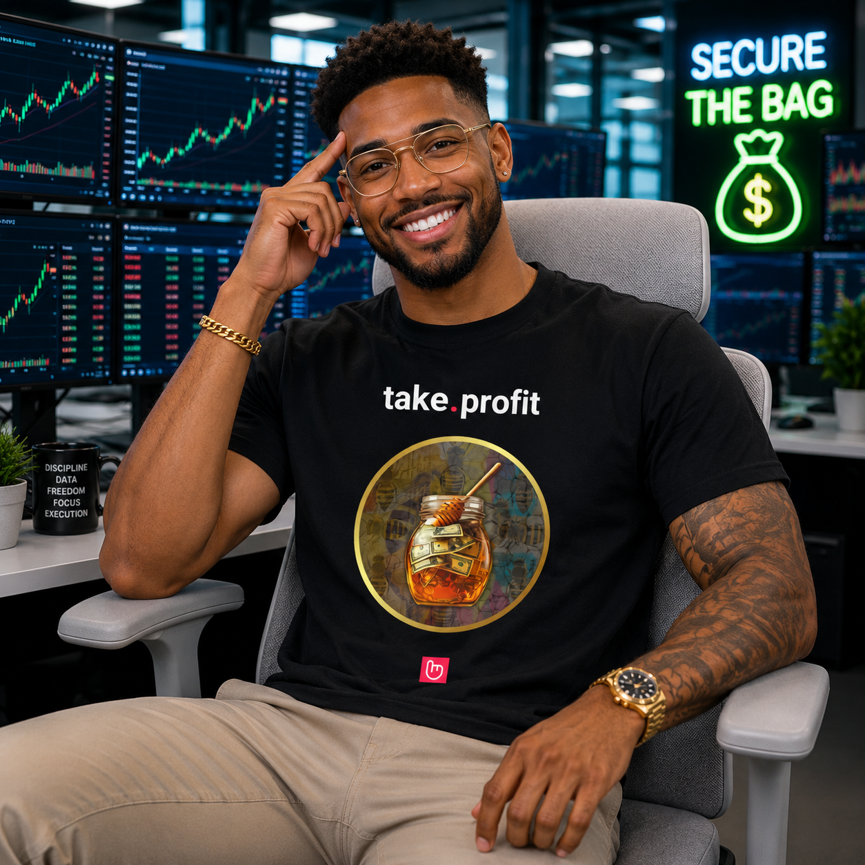Smiling stock trader wearing a black take.profit nano.narrative tee in a bright institutional trading room with glowing “secure the bag” neon signage and a light gray ergonomic chair.