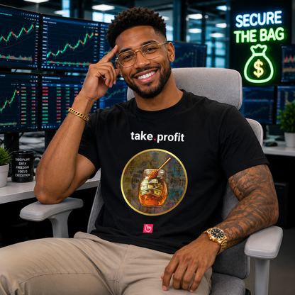 Smiling stock trader wearing a black take.profit nano.narrative tee in a bright institutional trading room with glowing “secure the bag” neon signage and a light gray ergonomic chair.