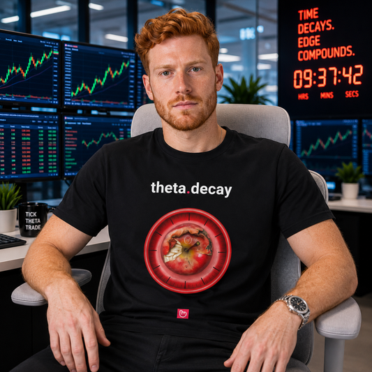 Focused red-haired options trader wearing a black theta.decay nano.narrative tee in a bright institutional trading office with glowing countdown-clock energy, bullish monitors, and a light gray ergonomic chair.