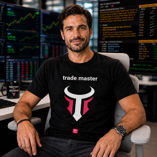 Confident veteran options trader wearing a black trade.master nano.narrative tee in a bright institutional trading office with blurred Bloomberg-style terminals, bullish market screens, and a light gray ergonomic chair.