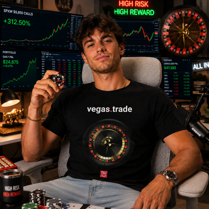 Young options trader wearing a black vegas.trade nano.narrative tee in a neon-lit home trading setup, holding a poker chip with a confident casino-gambler expression, surrounded by roulette visuals, trading charts, and a light gray chair.
