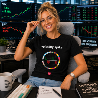 Blonde stock trader wearing a black volatility.spike nano.narrative tee while adjusting stylish metal-frame glasses in a bright institutional trading office with rising VIX screens, falling SPY charts, and a light gray ergonomic chair.