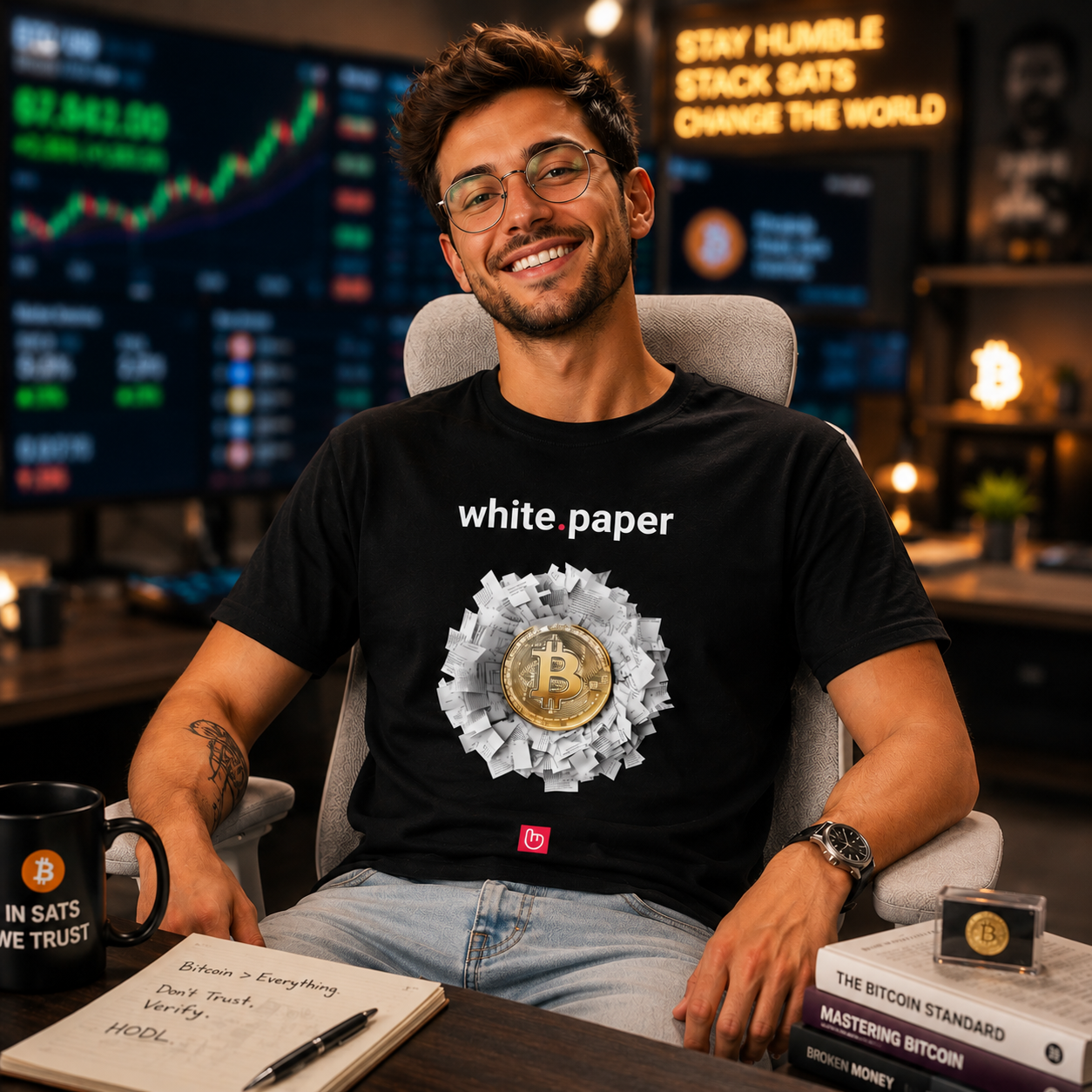 Smiling Bitcoin maximalist wearing a black white.paper nano.narrative tee in a bright crypto trading office with blurred institutional trading screens, round metal glasses, warm Satoshi-inspired lighting, and a light gray ergonomic chair.