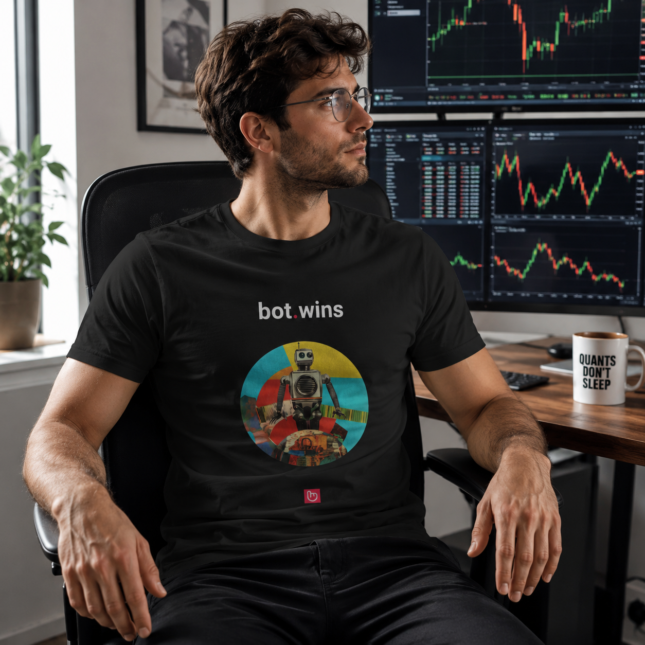 Quant trader wearing a black t-shirt with nano.narrative 'bot.wins' graphic in front of financial trading software on monitors.