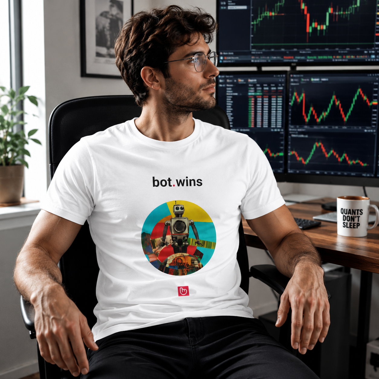 Quant trader wearing a white t-shirt with nano.narrative 'bot.wins' graphic in front of financial trading software on monitors.