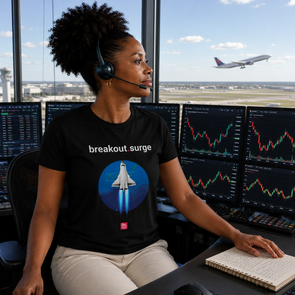 Person in a trading room with multiple monitors displaying charts information, wearing a BLACK nano.narrative 'breakout.surge' t-shirt.