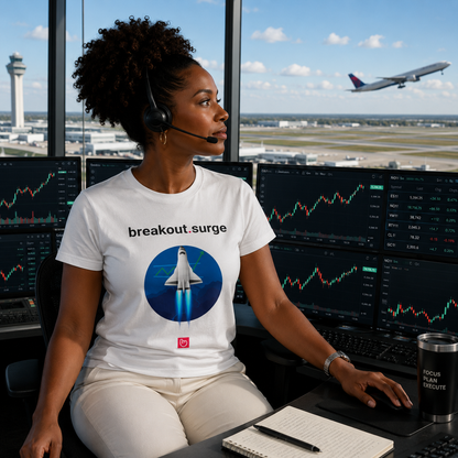 Person in a trading room with multiple monitors displaying charts information, wearing a WHITE nano.narrative 'breakout.surge' t-shirt.