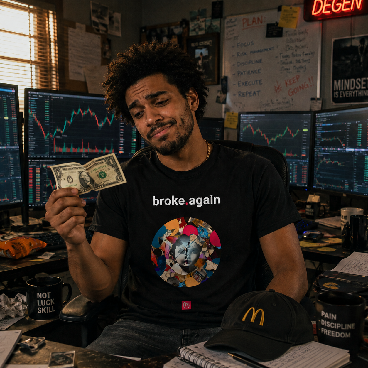 Young day trader in a chaotic home trading room wearing a black broke.again nano.narrative tee, holding a crumpled dollar bill with a sad smile beside multiple trading screens and a McDonald’s work cap.