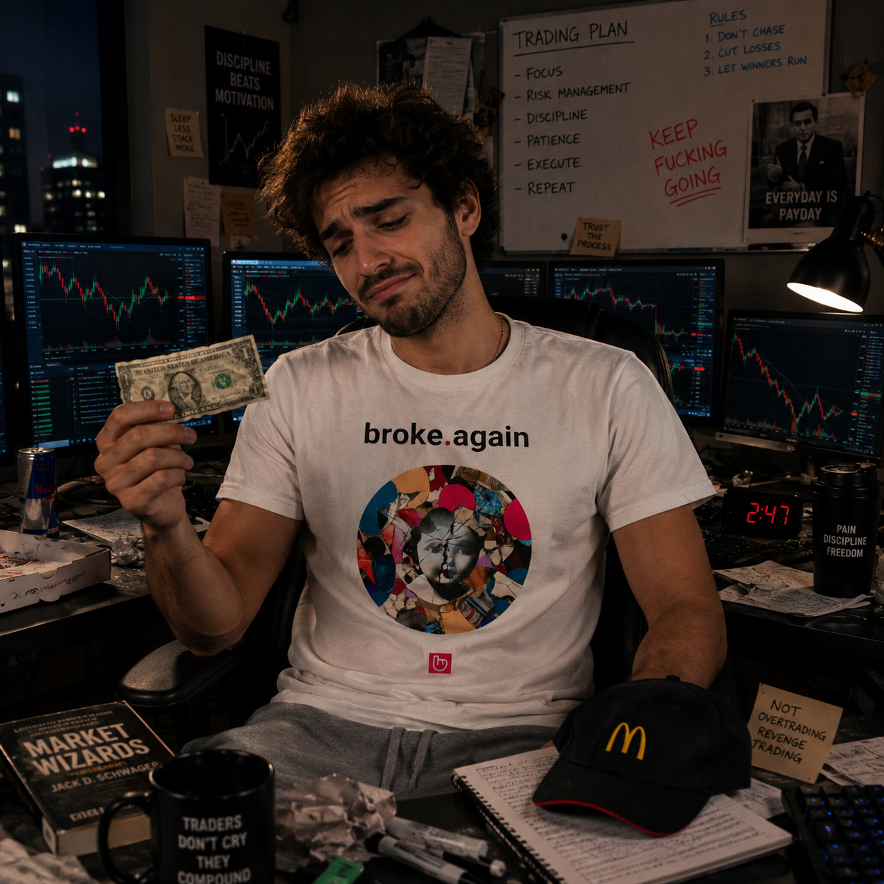 Exhausted young trader wearing a white broke.again nano.narrative tee in a messy late-night home trading setup, holding a wrinkled one-dollar bill beside stock charts and a McDonald’s employee cap.