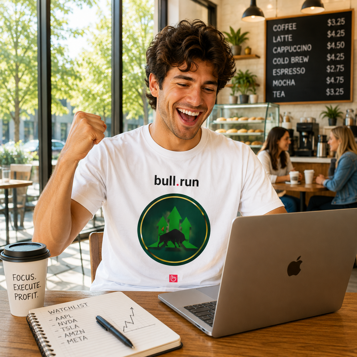 Young American trader in a sunlit coffee shop raising a victory fist while wearing a white bull.run nano.narrative graphic tee seated in front of an Apple laptop and trading notes.