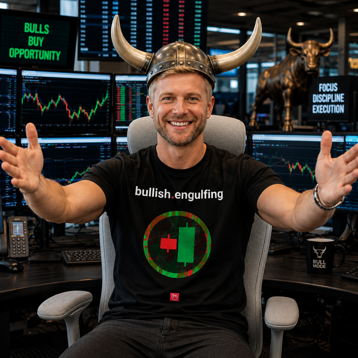 Smiling blond technical trader in a modern institutional trading room wearing a black bullish.engulfing nano.narrative graphic tee and a bull-horn helmet while opening his arms in an optimistic gesture.