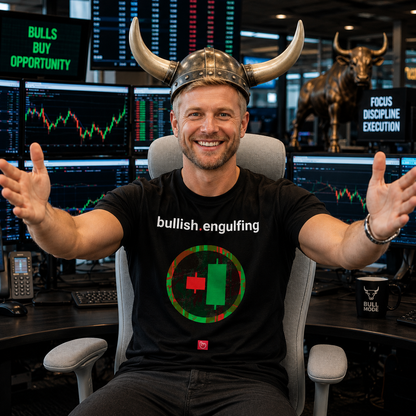 Smiling blond technical trader in a modern institutional trading room wearing a black bullish.engulfing nano.narrative graphic tee and a bull-horn helmet while opening his arms in an optimistic gesture.