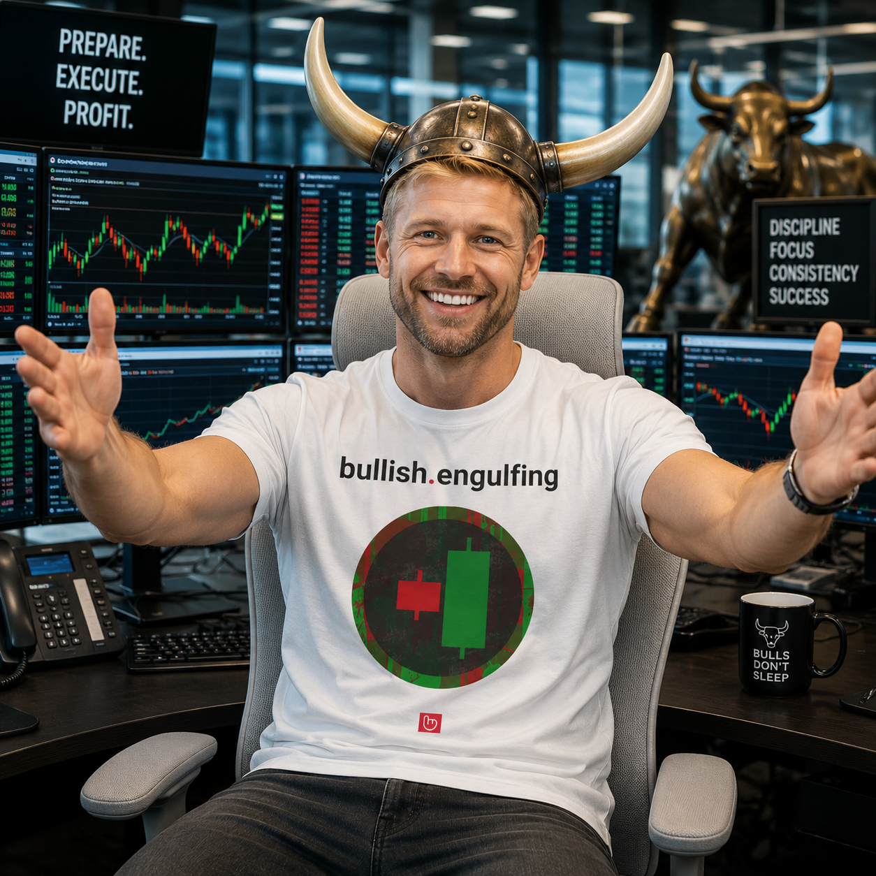 Optimistic blond trader in a professional trading office wearing a white bullish.engulfing nano.narrative graphic tee and a Viking-style bull helmet with arms spread wide in front of trading monitors.