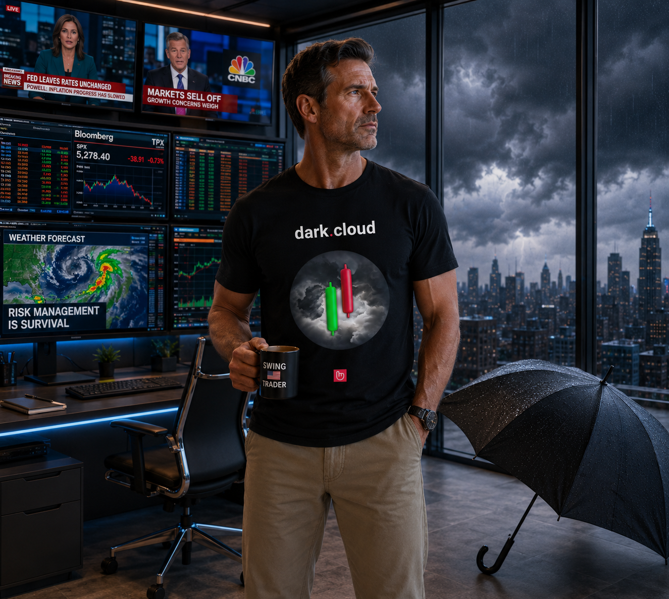 Experienced American swing trader in a bright high-tech trading room wearing a black dark.cloud nano.narrative tee, standing beside an open umbrella drying indoors while storm clouds gather outside large city-view windows. Financial news screens and market charts glow behind him in a cinematic modern setup.