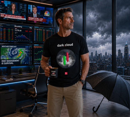 Experienced American swing trader in a bright high-tech trading room wearing a black dark.cloud nano.narrative tee, standing beside an open umbrella drying indoors while storm clouds gather outside large city-view windows. Financial news screens and market charts glow behind him in a cinematic modern setup.