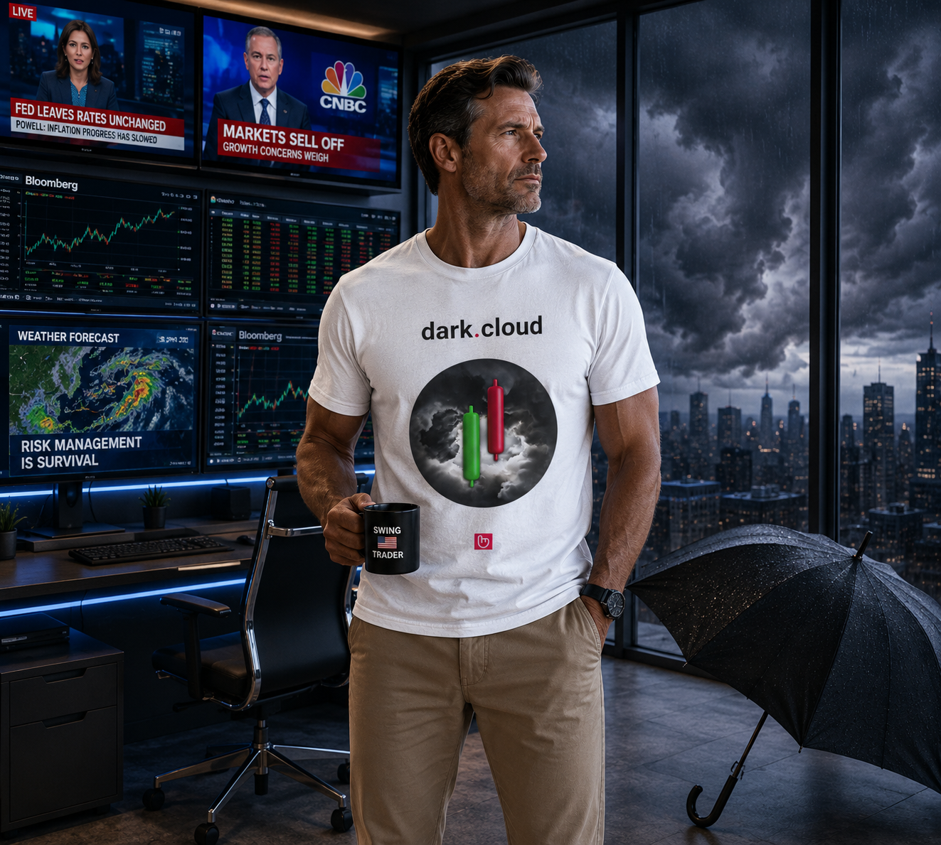Experienced American swing trader in a modern illuminated trading office wearing a white dark.cloud nano.narrative tee with khaki chino pants, standing near an open umbrella as dark storm clouds approach outside panoramic windows. Bloomberg-style market screens and financial news displays create a dramatic swing-trading atmosphere.