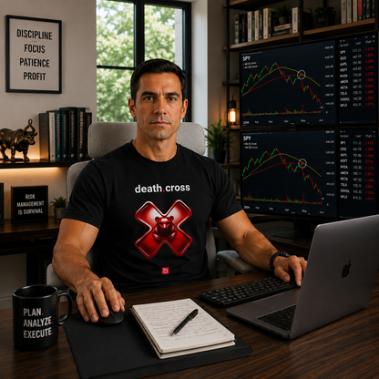 Technical analyst wearing a black death.cross nano.narrative tee in a bright home trading office, facing the camera with bearish stock charts showing the 50-day moving average crossing below the 200-day moving average.