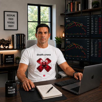 Experienced stock trader wearing a white death.cross nano.narrative tee in a modern home trading setup with dual monitors displaying a bearish death cross technical analysis pattern.