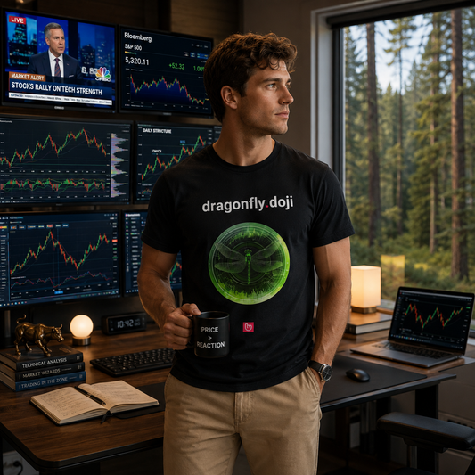 Young American technical trader wearing a black dragonfly.doji nano.narrative tee in a bright modern home trading office, surrounded by stock charts and Bloomberg-style monitors, with a forest view visible through the large window behind him.