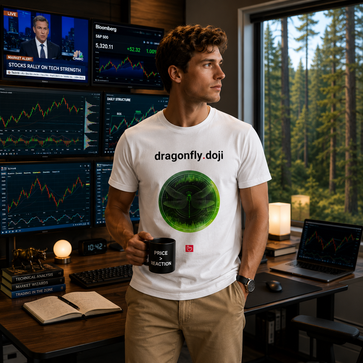 Young American technical analyst wearing a white dragonfly.doji nano.narrative tee in a modern illuminated trading room with multiple financial screens and a peaceful forest landscape outside the window, creating a calm high-tech trading atmosphere.