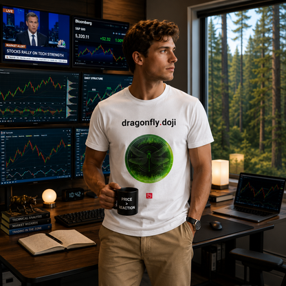 Young American technical analyst wearing a white dragonfly.doji nano.narrative tee in a modern illuminated trading room with multiple financial screens and a peaceful forest landscape outside the window, creating a calm high-tech trading atmosphere.
