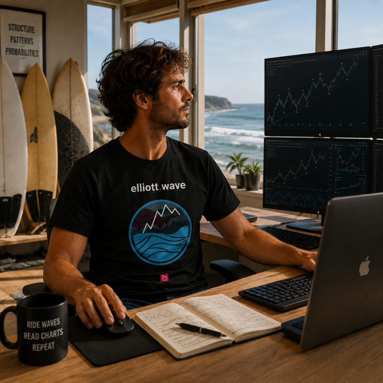 Technical analyst and surfer wearing a black elliott.wave nano.narrative tee in a beachside trading office with surfboards, ocean-view windows, and multiple chart monitors.