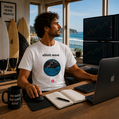 Wave trader wearing a white elliott.wave nano.narrative tee in a modern coastal trading room overlooking the ocean, surrounded by surfboards and technical analysis screens.