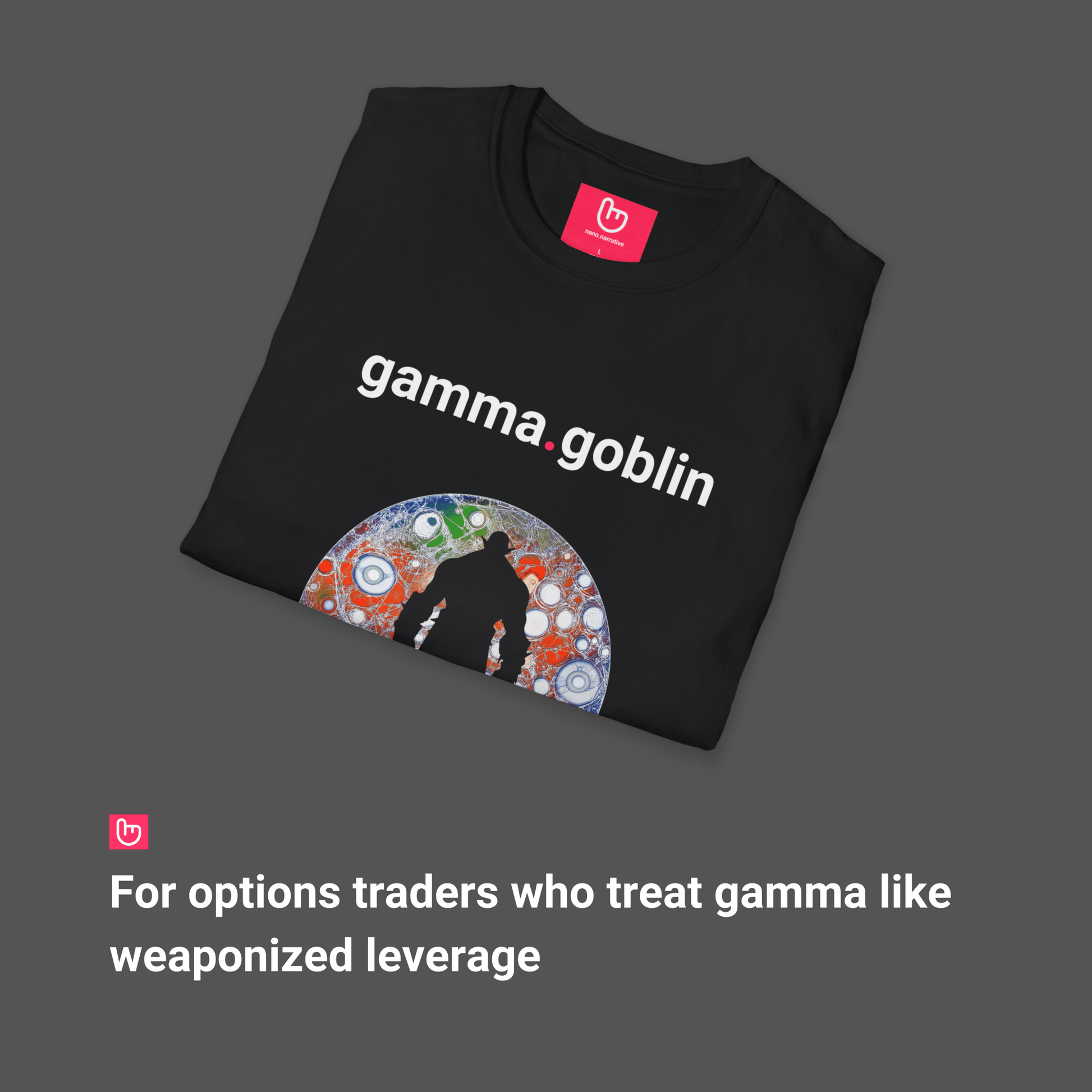 gamma.goblin – IV Spikes & Delta Swings | Degen Options Tee - Unique Graphic Tee by nano.narrative
