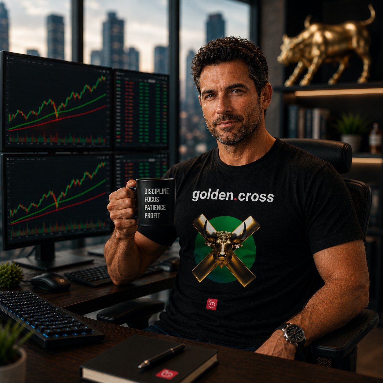 Middle-aged American swing trader sitting in a luxury home trading office, holding a black coffee mug and looking directly at the camera. He wears a black golden.cross nano.narrative t-shirt featuring a gold bull emblem. Multiple blurred trading monitors behind him display a bullish golden cross setup with the green moving average crossing above the red moving average. Large city windows and a golden bull sculpture complete the modern trading atmosphere.