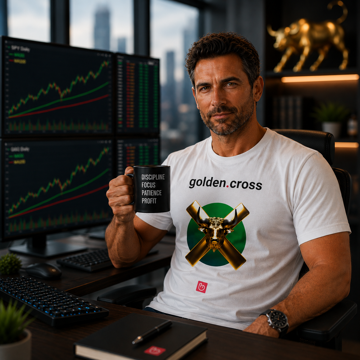 Middle-aged American swing trader seated in a modern high-end trading office, holding a black coffee mug while facing the camera. He wears a white golden.cross nano.narrative t-shirt with a gold bull graphic. Soft-focus trading screens behind him show bullish charts with the green 50-day moving average crossing above the red 200-day moving average. Warm lighting, city skyline windows, and a gold bull statue create an upscale trading environment.