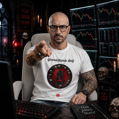 Gothic technical trader in a cinematic horror-themed trading office pointing toward the camera while wearing a white gravestone.doji nano.narrative graphic tee with glowing market screens in the background.