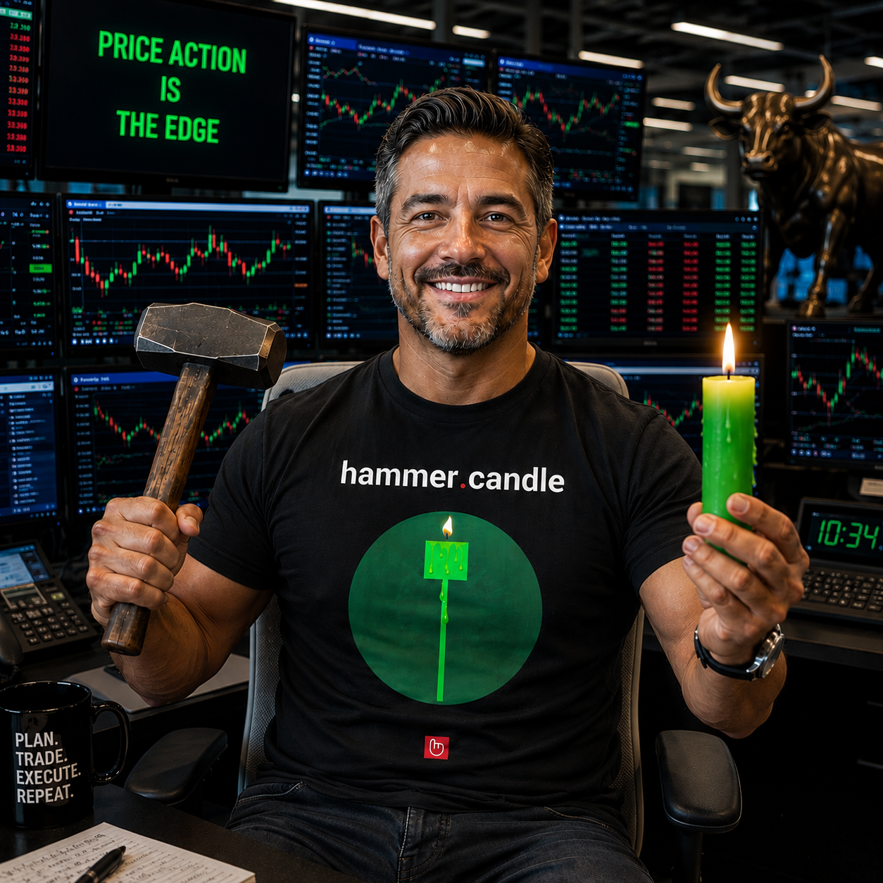 technical trader in a bright modern trading office holding a hammer in one hand and a lit green candle in the other while wearing a black hammer.candle nano.narrative graphic tee.