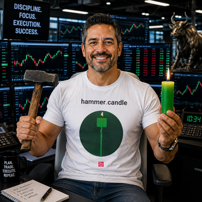 Smiling trader in a professional trading environment holding a hammer and a glowing green candle while wearing a white hammer.candle nano.narrative graphic tee surrounded by trading monitors.