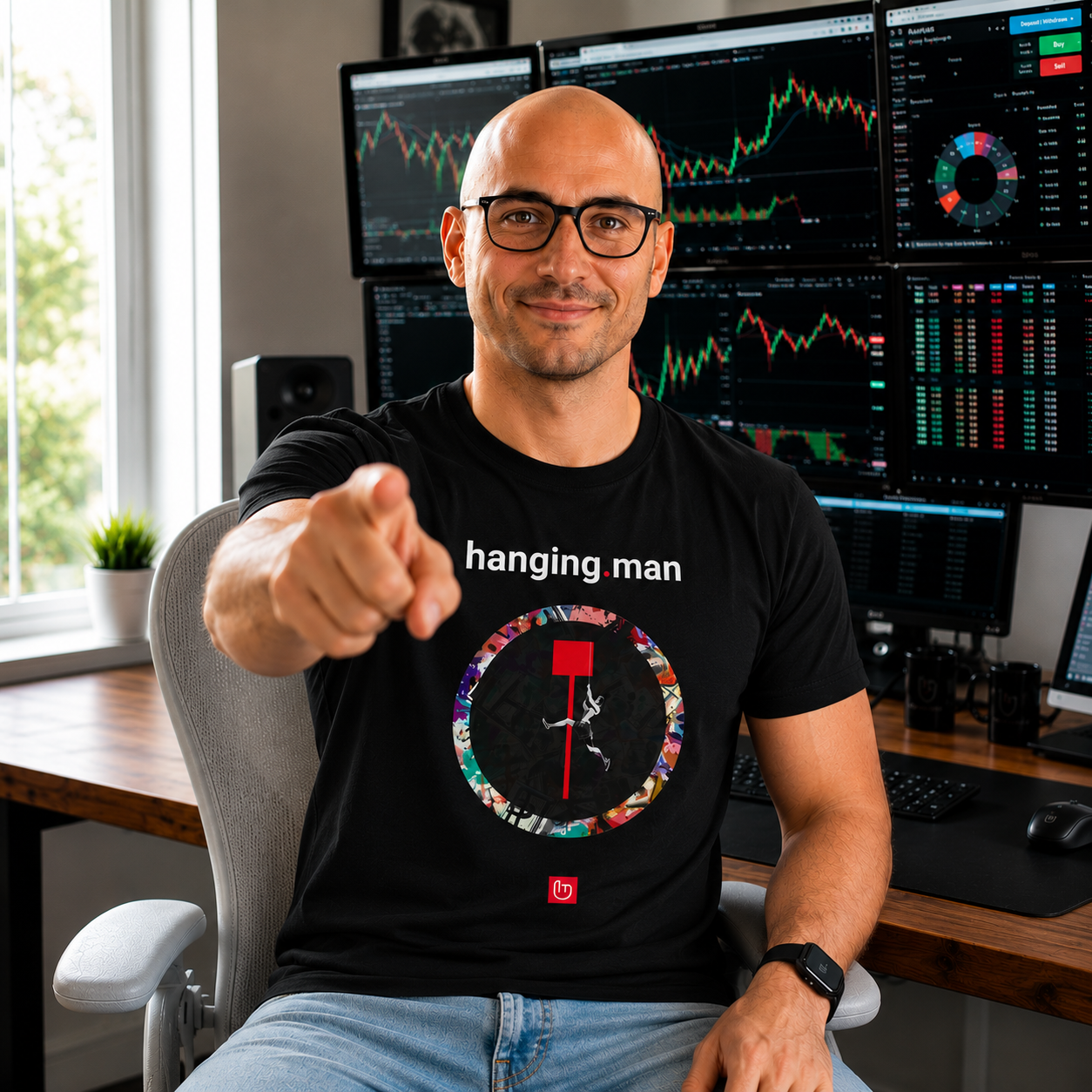 American technical trader in a bright home trading office pointing at the camera while wearing a black hanging.man nano.narrative graphic tee with multi-monitor stock charts in the background.
