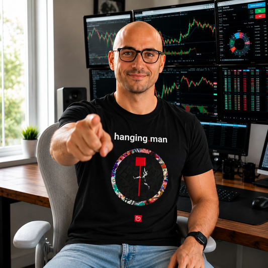 American technical trader in a bright home trading office pointing at the camera while wearing a black hanging.man nano.narrative graphic tee with multi-monitor stock charts in the background.