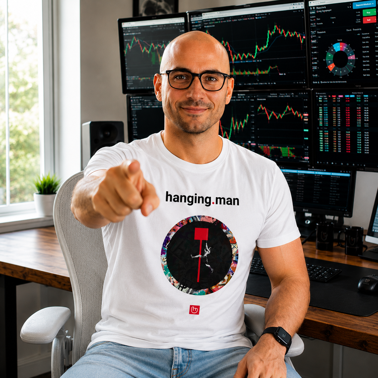 American technical trader in a modern daylight trading setup pointing at the camera while wearing a white hanging.man nano.narrative graphic tee with trading screens behind him.