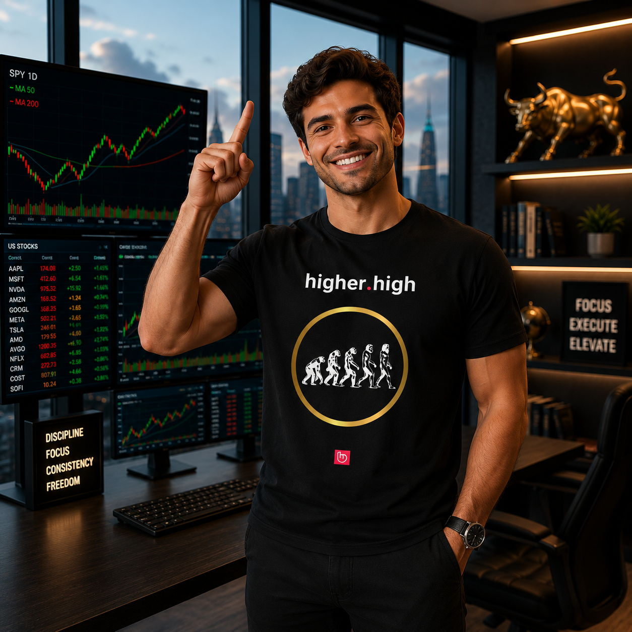 Young American day trader in a modern standing trading setup, smiling at the camera while raising one hand above his head to signal “higher high.” He wears a black higher.high nano.narrative tee with a gold circular evolution graphic. Bright multi-screen trading station and modern financial office in the background.
